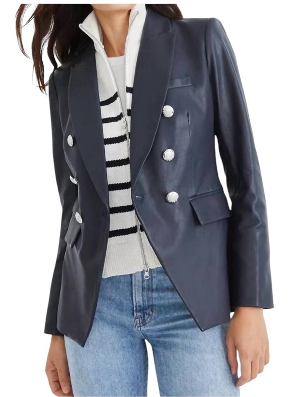 VERONICA BEARD Miller Blazer Navy Leather Dickey Jacket • Silver 0 Classic XS